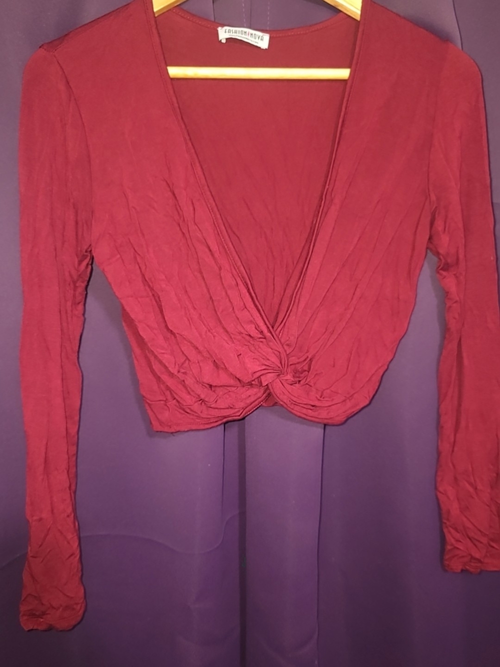 Fashion Nova Red Twist-Front Long Sleeve Crop Top